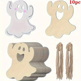 Set of ghost-shaped decorations with strings on a white background