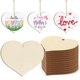 Heart-shaped wooden tags with printed messages and plain wooden hearts.