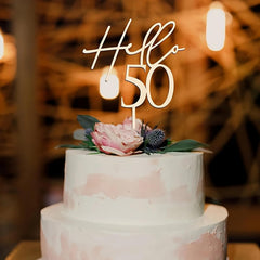 Cliths Wooden Hello 50 Cake Topper for 50th Birthday Anniversary Retirement Party Decorations