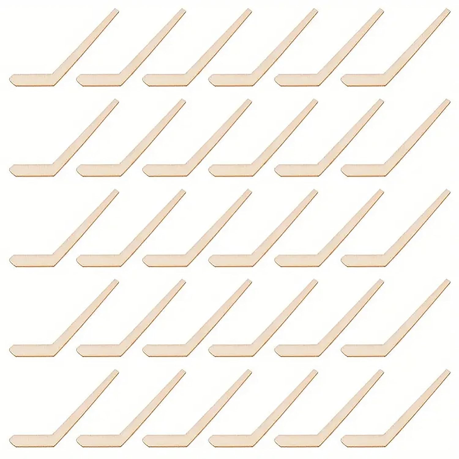 Multiple wooden hockey sticks arranged in a grid on a white background
