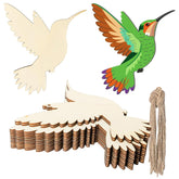 Wooden hummingbird cutout with a colorful illustration and string on a white background