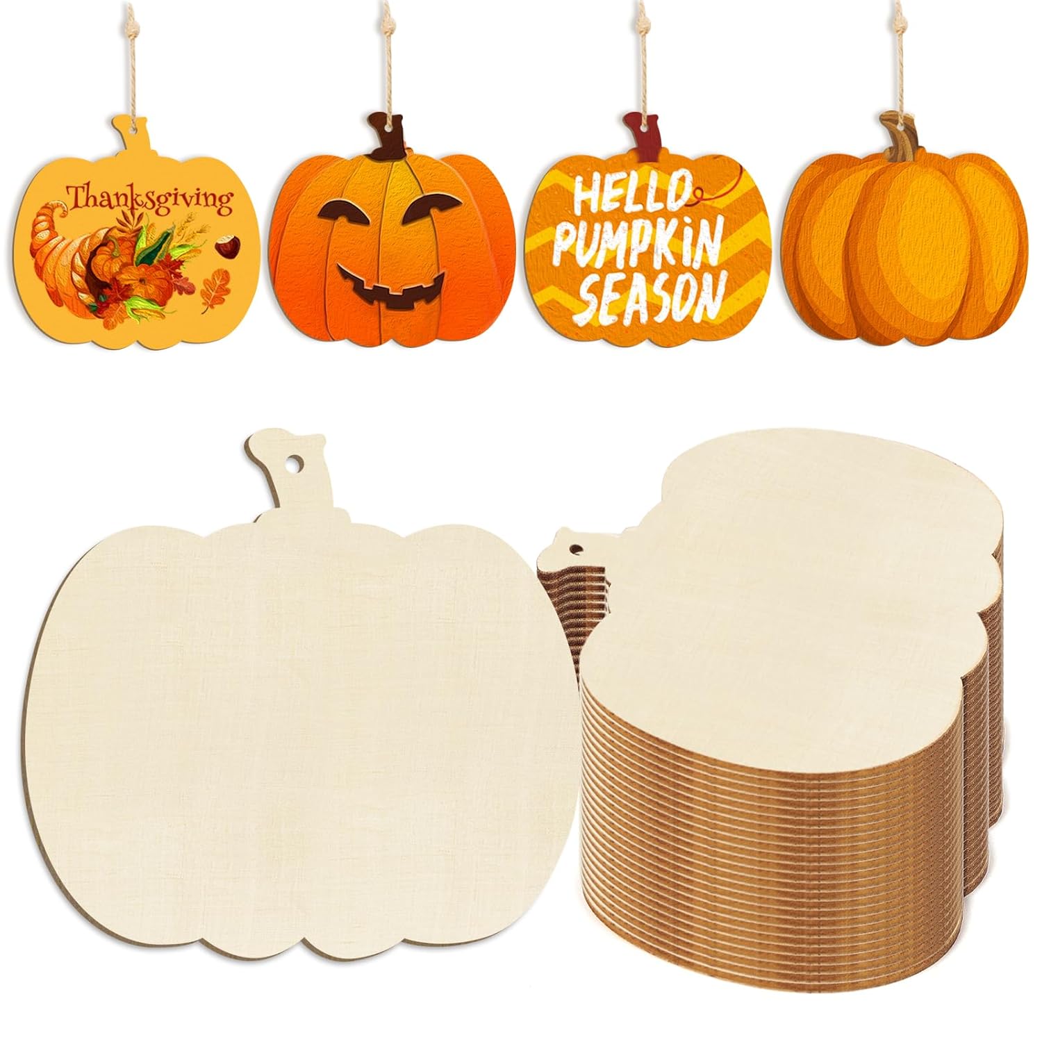 Hanging pumpkin-shaped cutouts with decorative designs and plain white pumpkin shapes below.