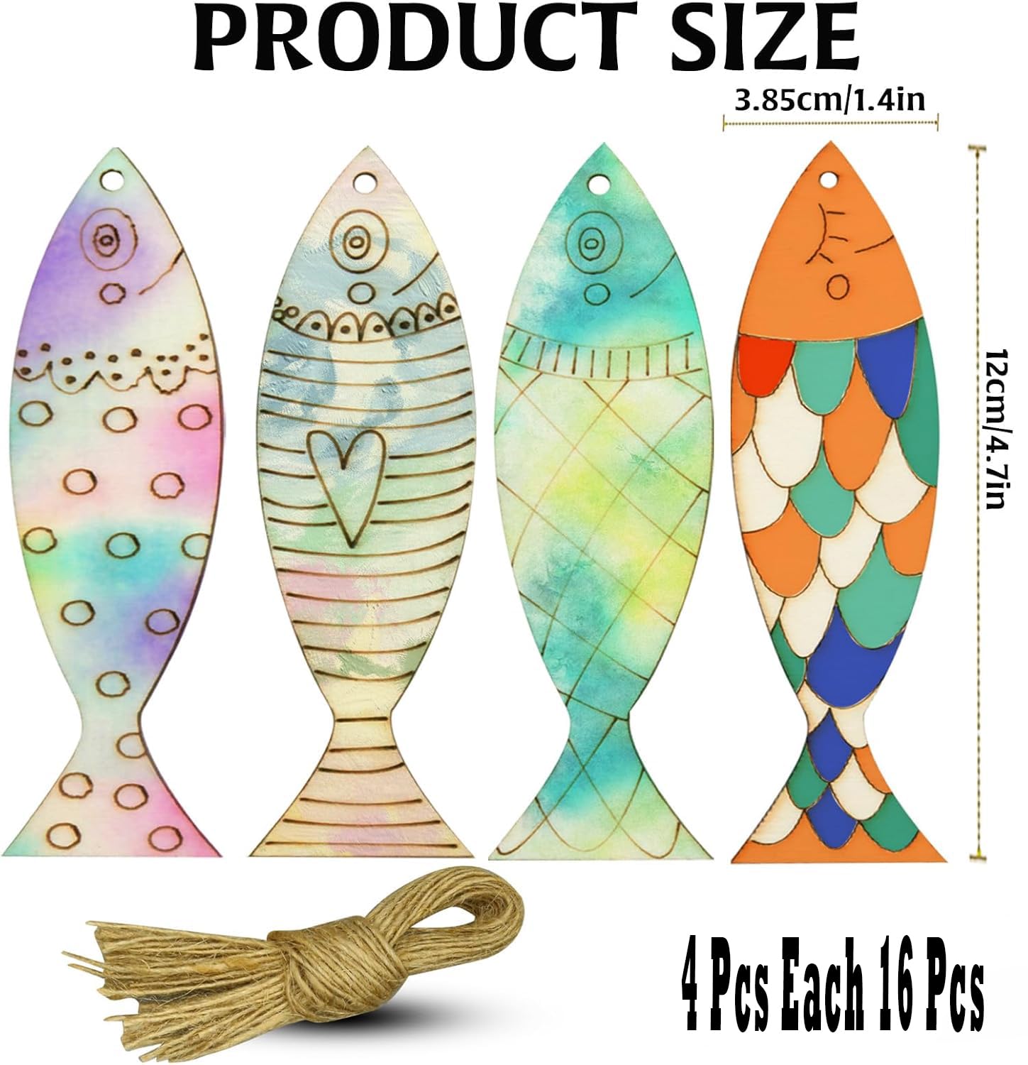 Four colorful fish-shaped decorations with a string, labeled 'Product Size' and '4 Pcs Each 16 Pcs'.
