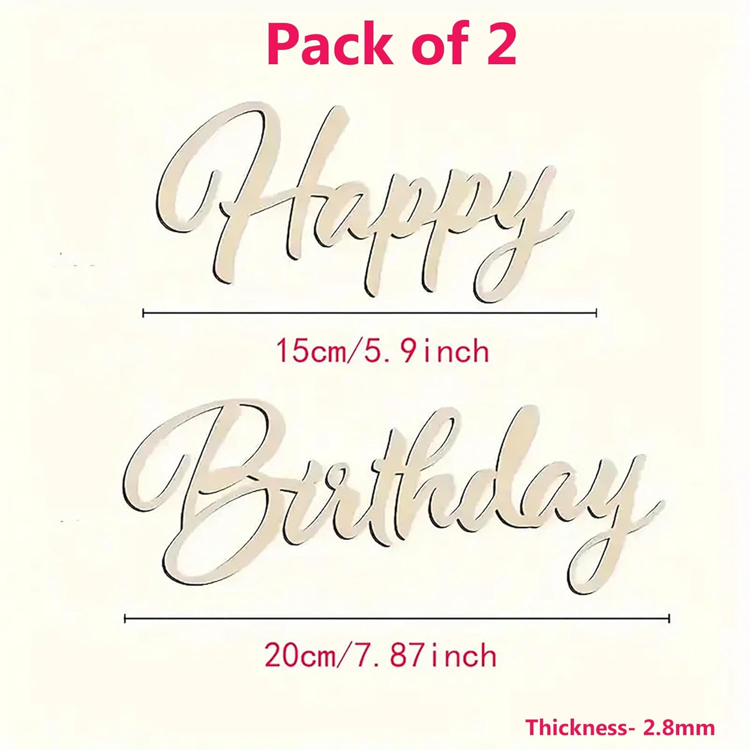 Wooden 'Happy Birthday' sign with dimensions and thickness on a white background