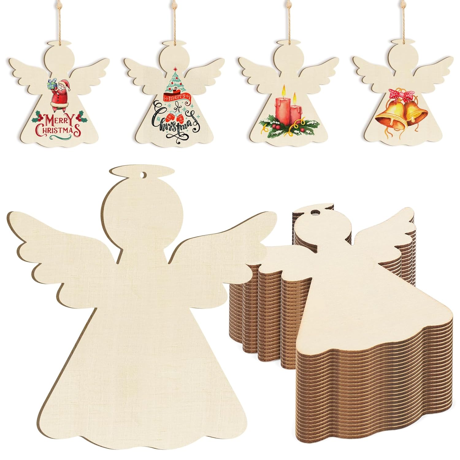 Wooden angel ornaments with various Christmas designs and plain wooden angels.