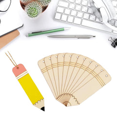 Wooden fan and colorful pencil-shaped bookmark on a desk with office supplies.