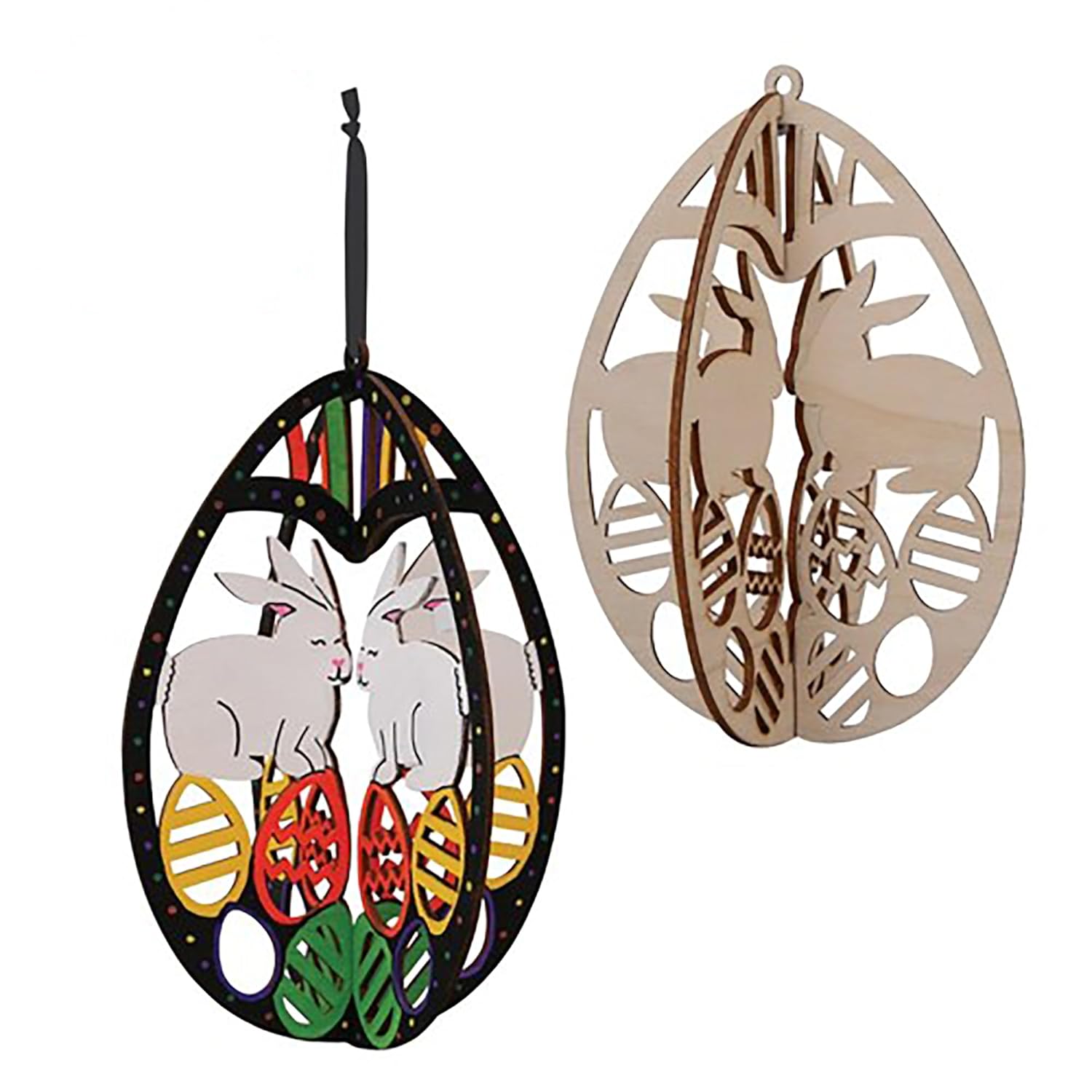 Decorative hanging ornaments with rabbit designs on a white background