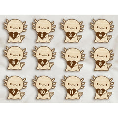 Set of wooden angel figures with heart-shaped numbers on a white background
