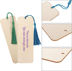 Beige fabric bookmarks with tassels and embroidered text on a white background.