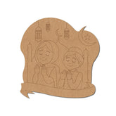 Cardboard cutout of two children praying with Islamic symbols on a white background