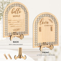 Wooden baby announcement frame with 'hello world' and 'love at first sight' text on a white background.