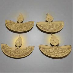 Four decorative wooden lamps with intricate patterns on a white background