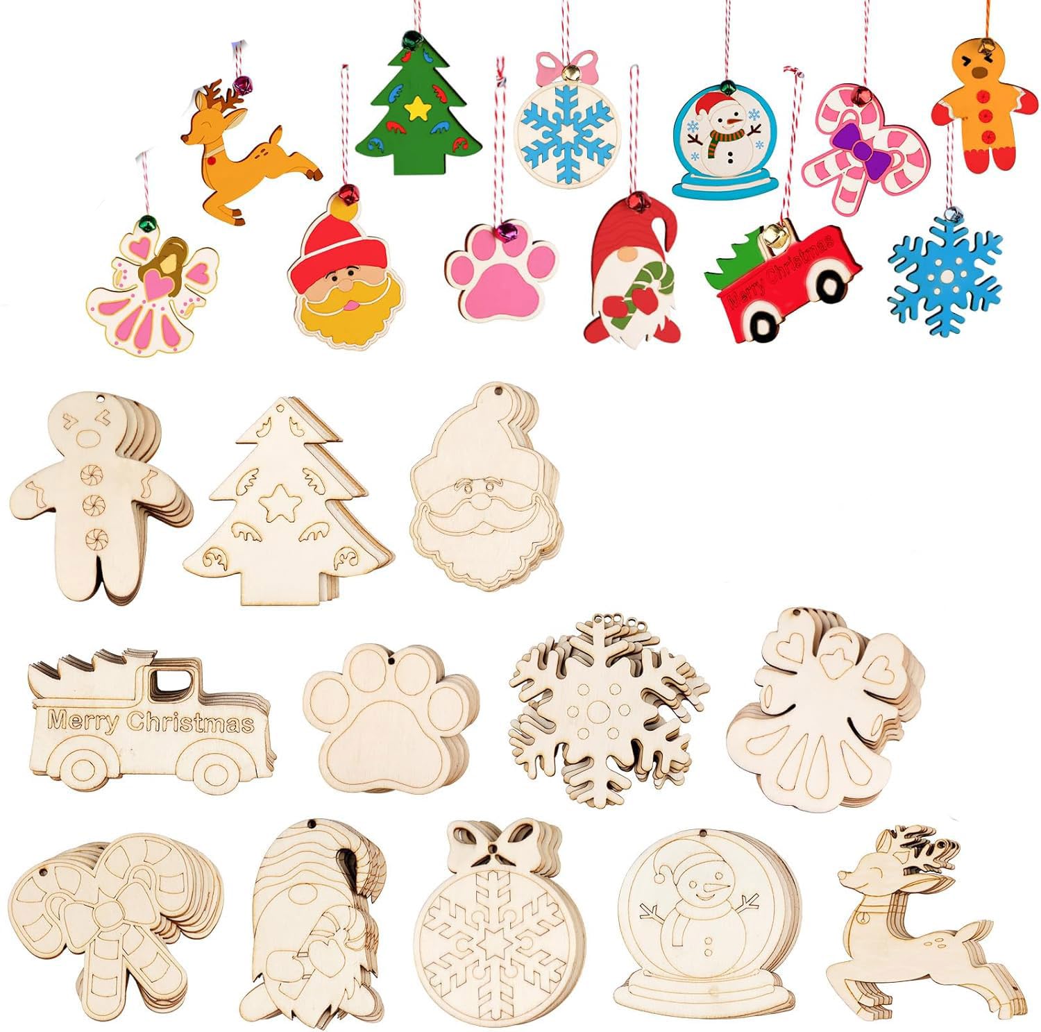 Collection of wooden Christmas ornaments on a white background