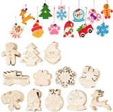 Collection of wooden Christmas ornaments on a white background