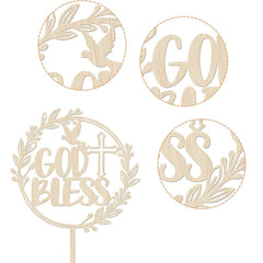 Cliths Pack of 2 Wooden "God Bless" Cake Toppers Baptism & Christening Decor, Dove & Cross Rustic MDF