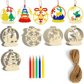 Set of wooden Christmas ornaments with decorative elements and string on a white background
