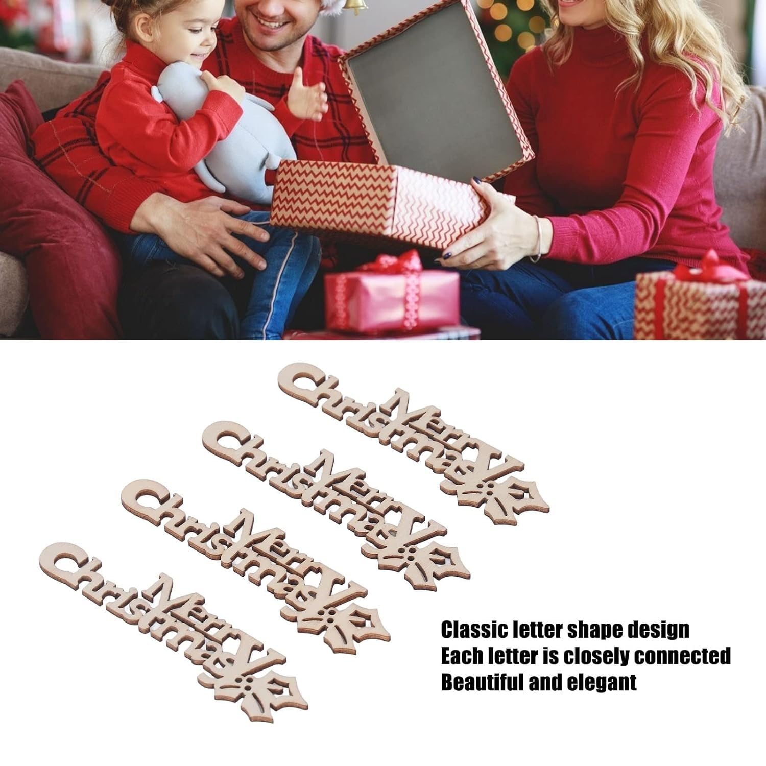 Family opening Christmas presents with decorative wooden letters on a white background