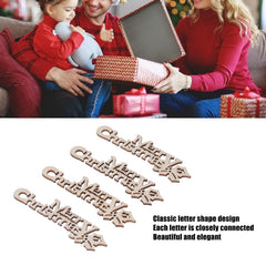 Family opening Christmas presents with decorative wooden letters on a white background