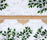 Decorative wooden border with intricate carvings on a white marble background with green leafy branches.