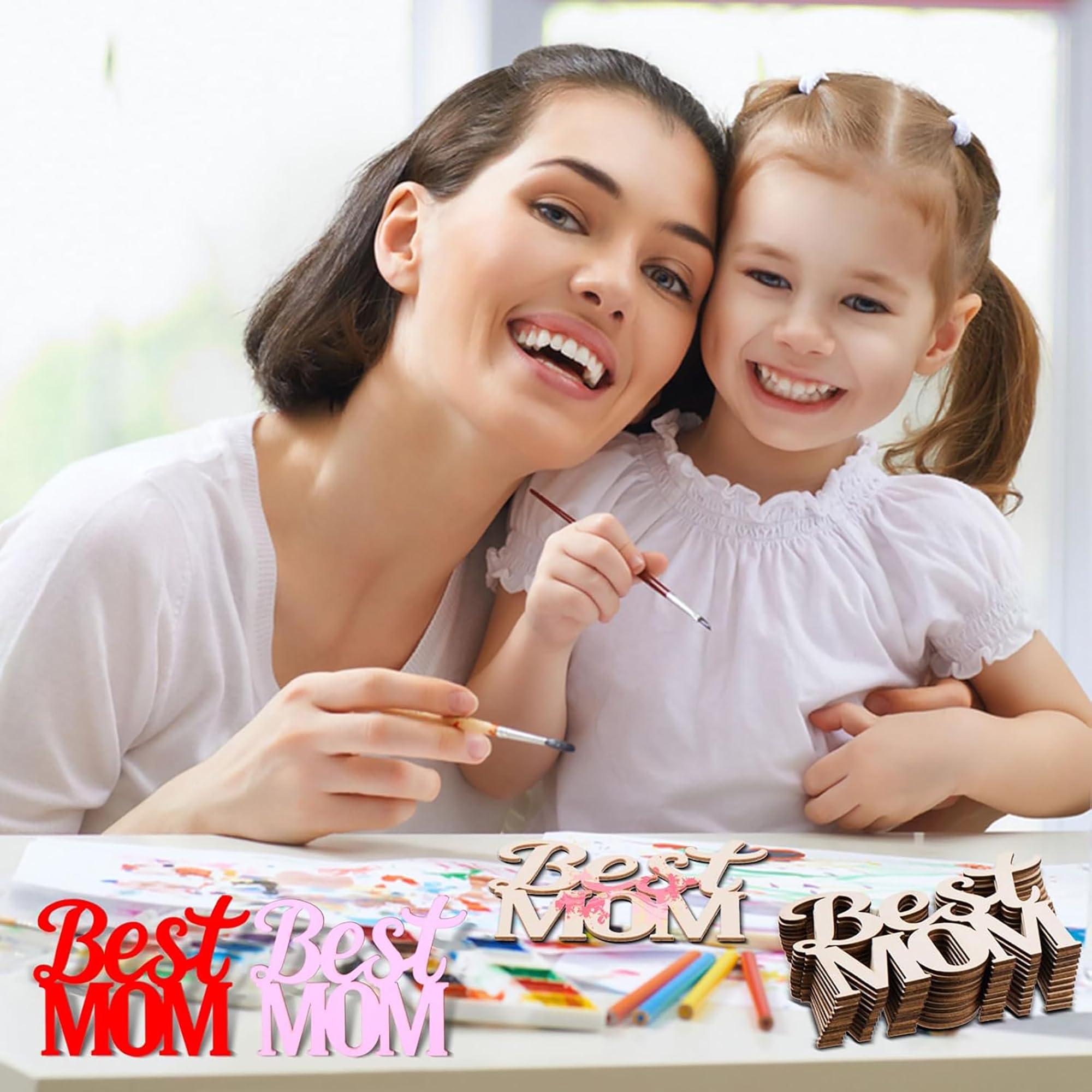 Paintable wooden sentiment pieces for personalized mom art