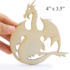 Wooden dragon ornament held by a hand with dimensions '4'' x 3.5'''.