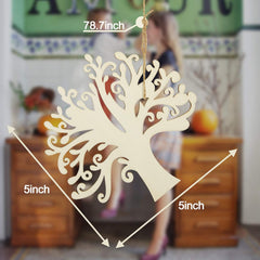 Decorative tree ornament with measurements in a home setting