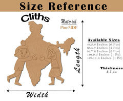 Size reference chart for Cliths wooden cutouts with dimensions and material details.