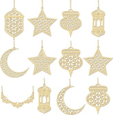 Set of gold decorative hanging ornaments including stars, moons, and lanterns on a white background.