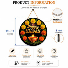 American Elm Happy Diwali Round Wall Hanging Decor Pack of 1, Ready-to-Hang Festival Wall Decor for Home Decoration