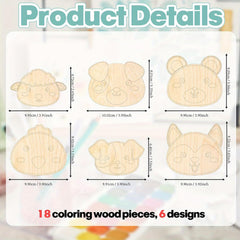 Wooden coloring pieces with dimensions and design details on a colorful background