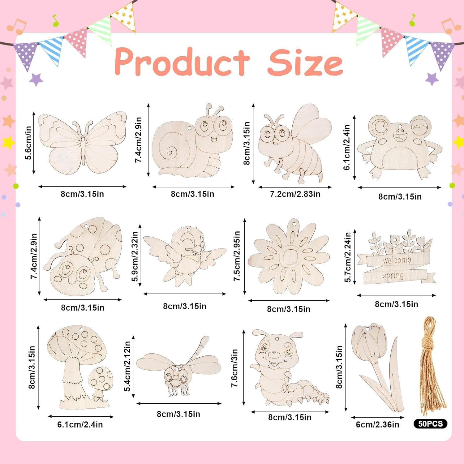 Product size chart with wooden cutouts of various shapes and sizes on a pink background.