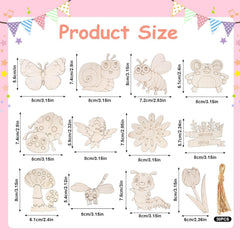 Product size chart with wooden cutouts of various shapes and sizes on a pink background.