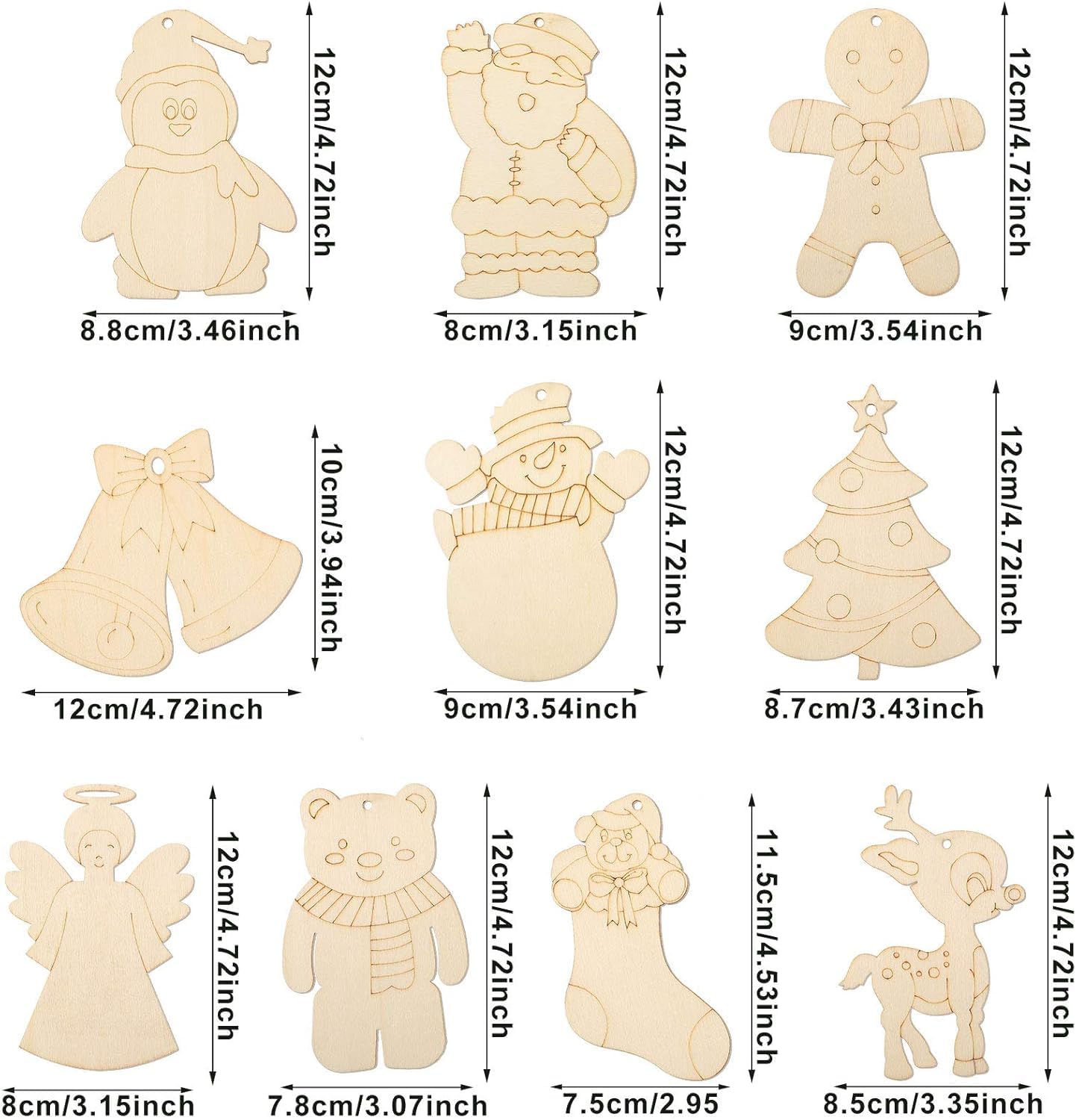 Set of wooden Christmas ornaments with measurements