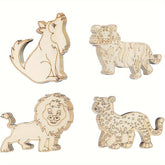 Set of wooden animal figures including a wolf, tiger, lion, and leopard on a white background.