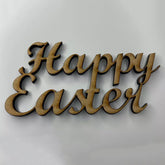 Wooden 'Happy Easter' decoration on a light gray background
