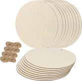 Set of wooden circles with jute twine on a white background