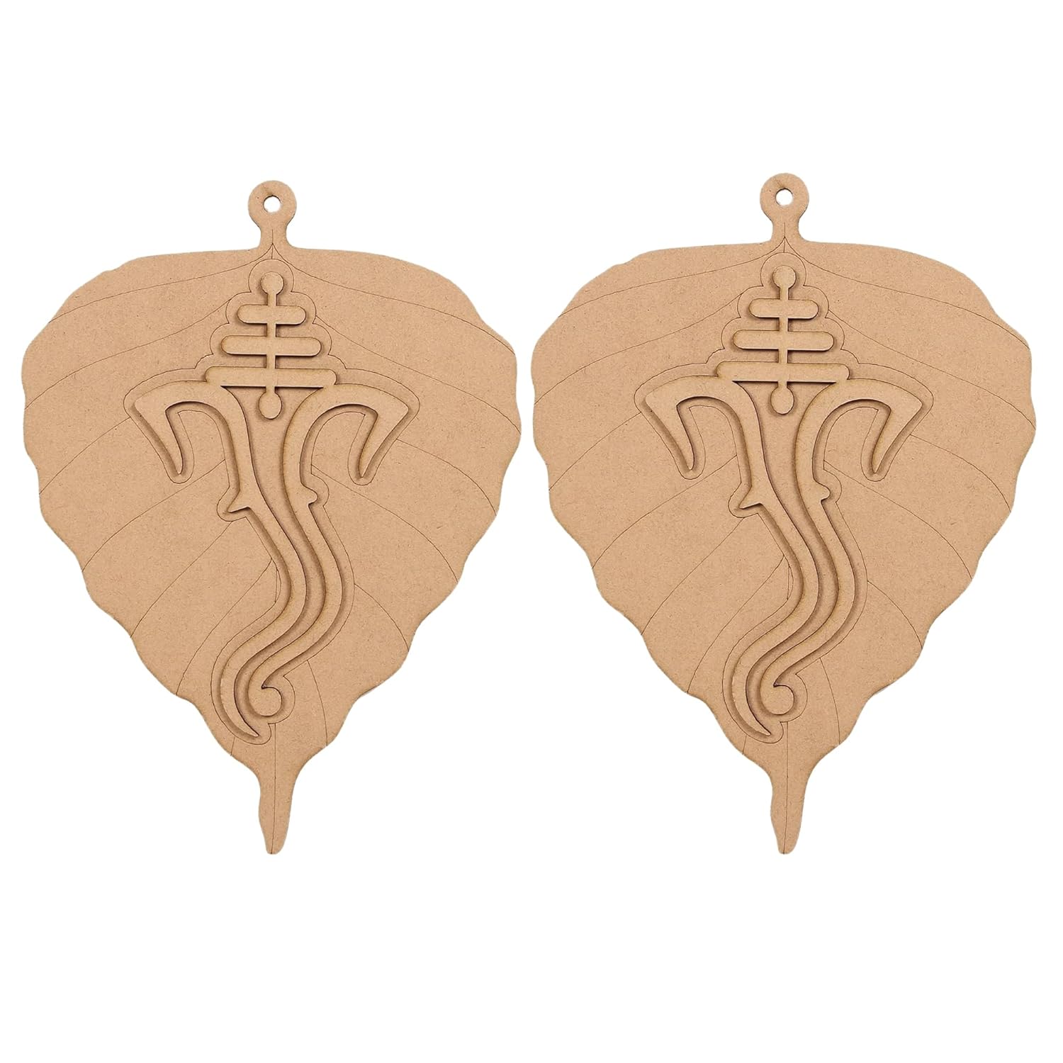 Pair of leaf-shaped earrings with a symbol on a white background