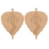 Pair of leaf-shaped earrings with a symbol on a white background