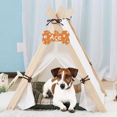 Dog sitting inside a wooden pet teepee with a name tag labeled 'Ace' against a light blue curtain background.