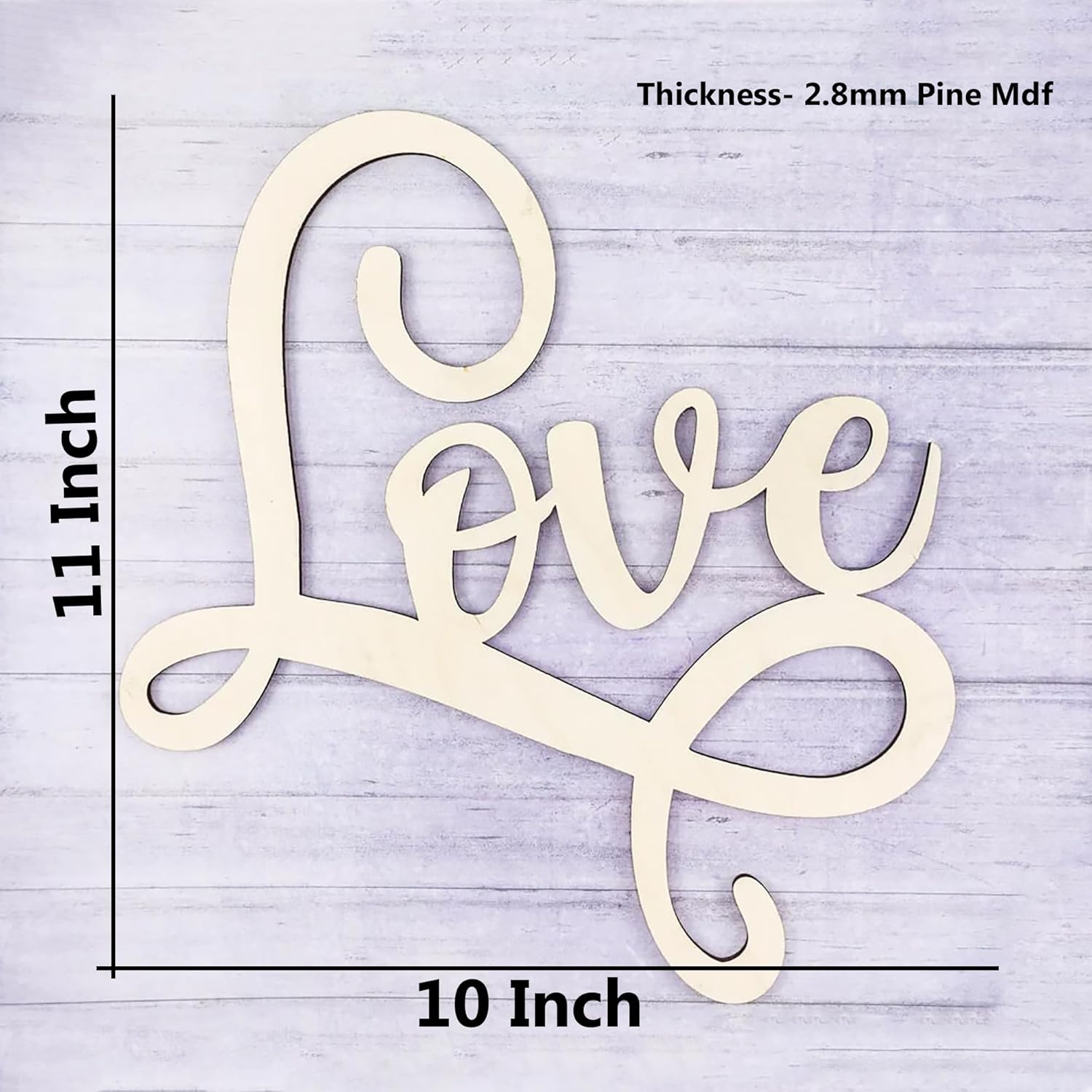 Wooden 'LOVE' sign with measurements on a light wooden background