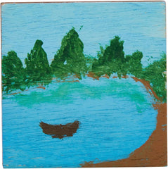 Wooden panel with a painted landscape of trees and water