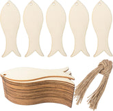 Set of wooden fish-shaped cutouts with string, on a white background