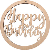 Wooden circular decoration with 'Happy Birthday' text on a white background