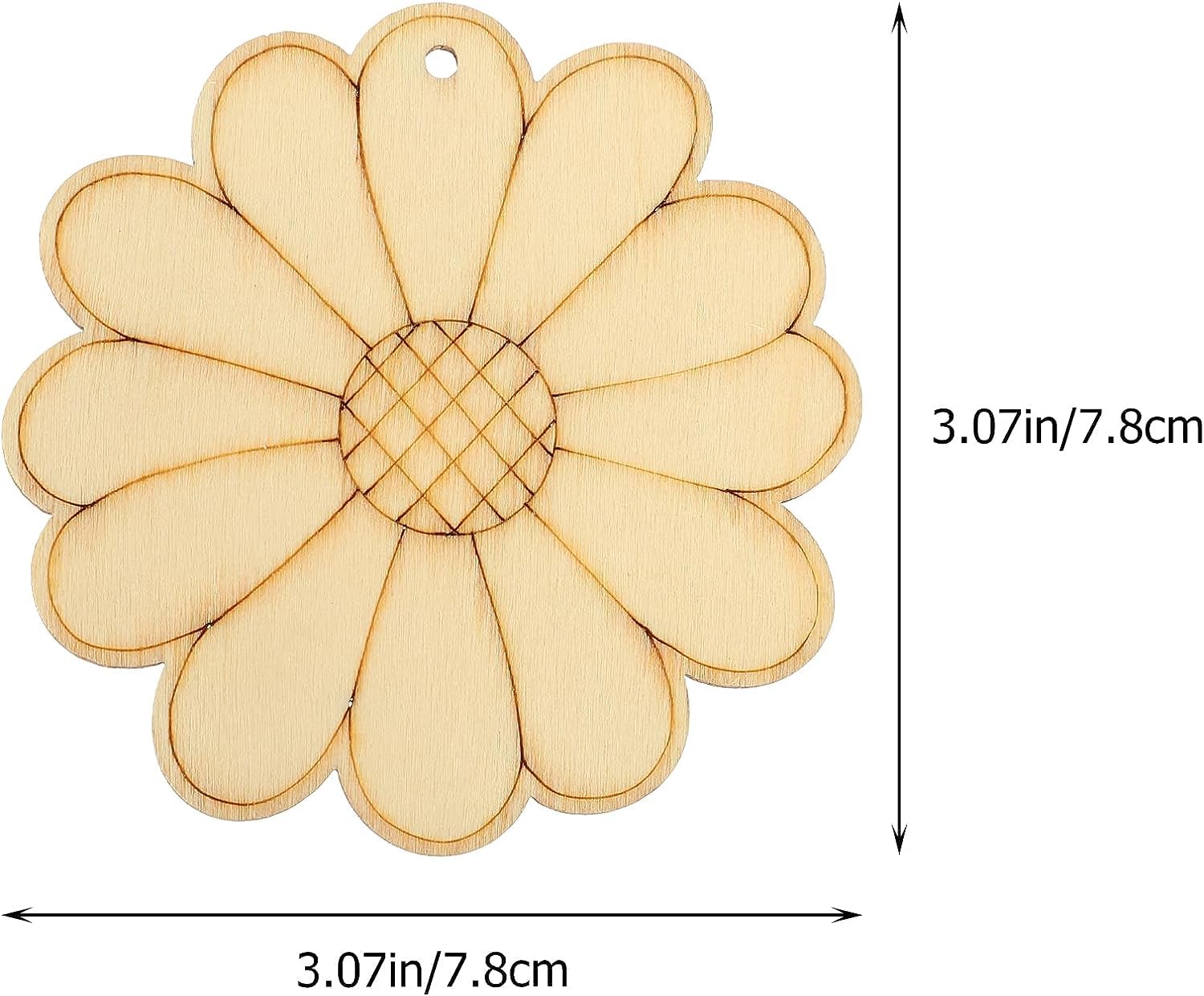Wooden flower-shaped ornament with measurements on a white background