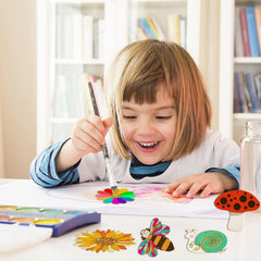 Child drawing with a paintbrush on paper, surrounded by colorful illustrations.