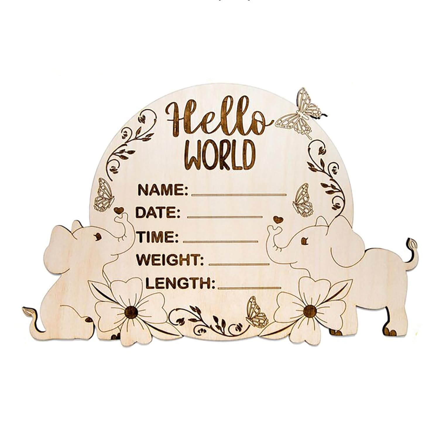 Wooden plaque with elephant designs and text fields for baby details on a white background