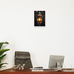 Modern office setup with a chair, computer monitor, and decorative items on a desk.