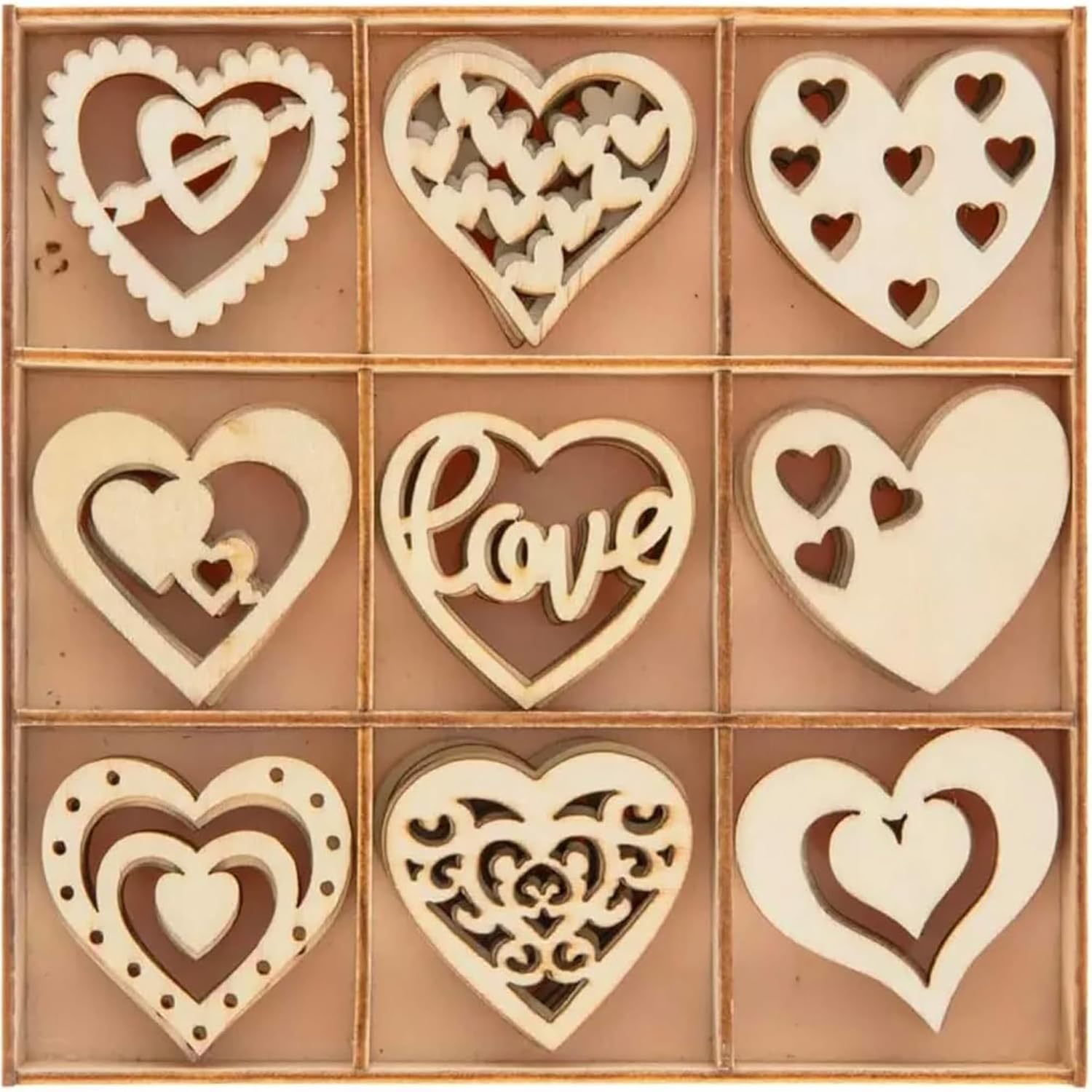 Set of wooden heart-shaped decorations in a box