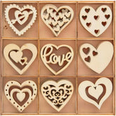 Set of wooden heart-shaped decorations in a box