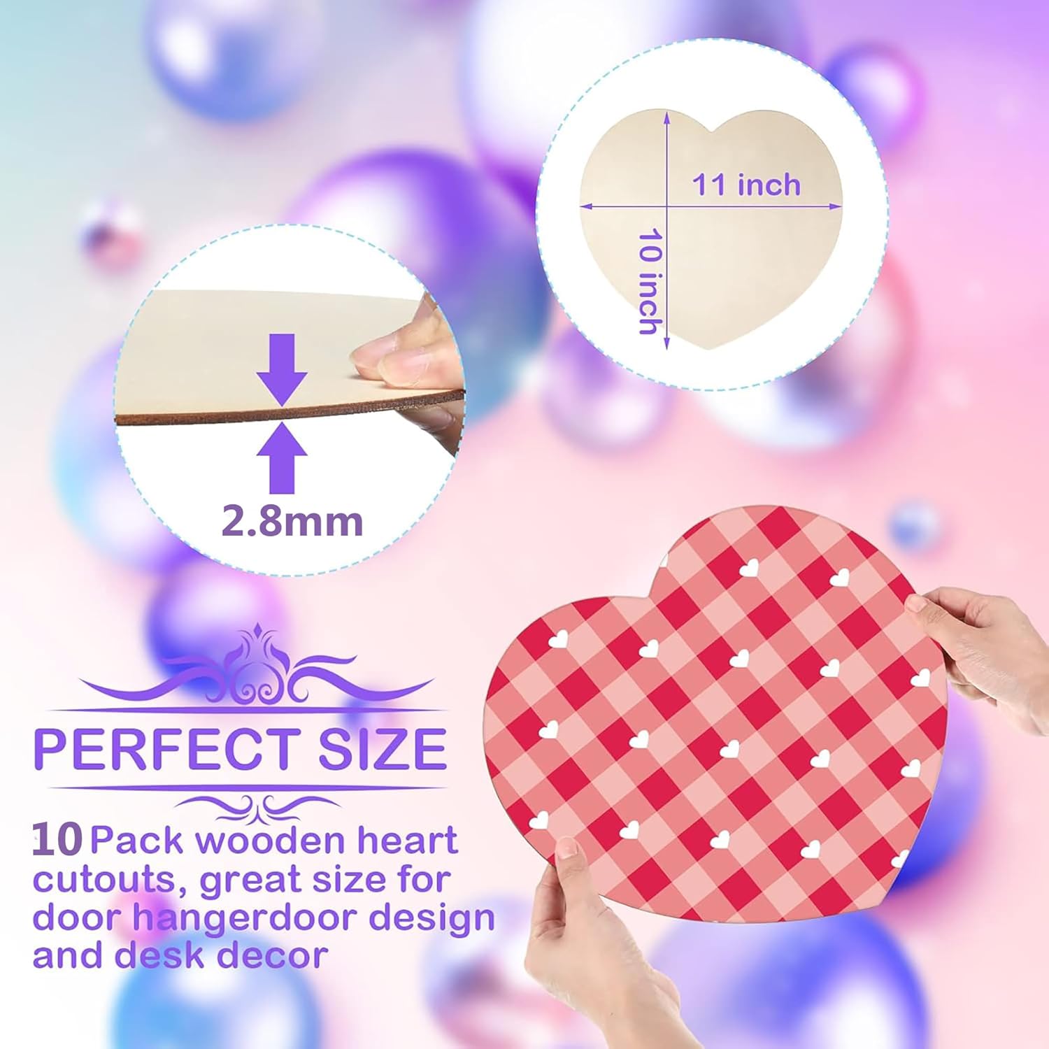 Red checkered wooden heart cutout with measurement details on a colorful background